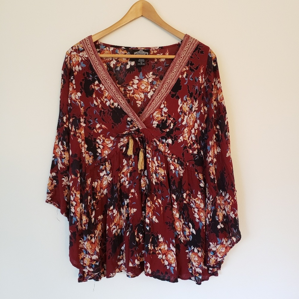ANGIE Boho Peasant Dolman Sleeve Tassel Top L
